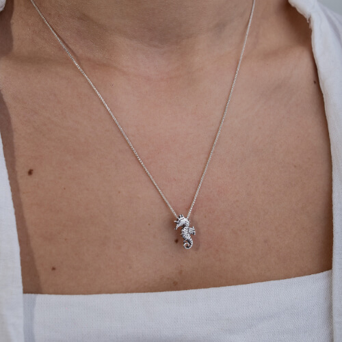 Modelo Feminina usando Colar Cavalo Marinho de prata 925